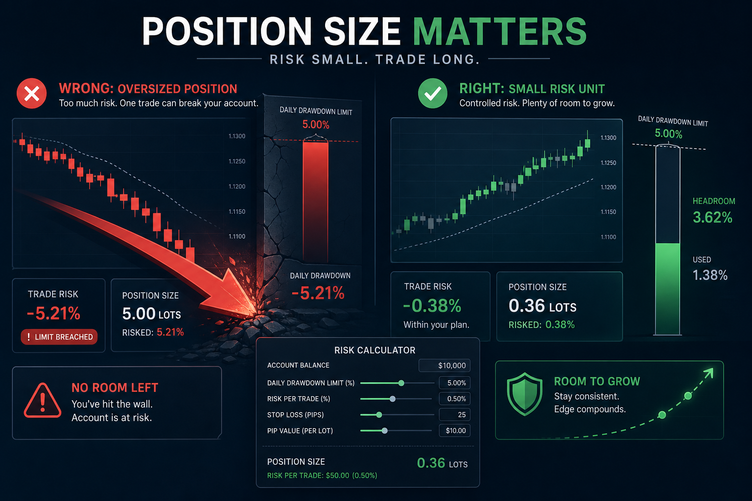Prop firm position sizing to drawdown headroom